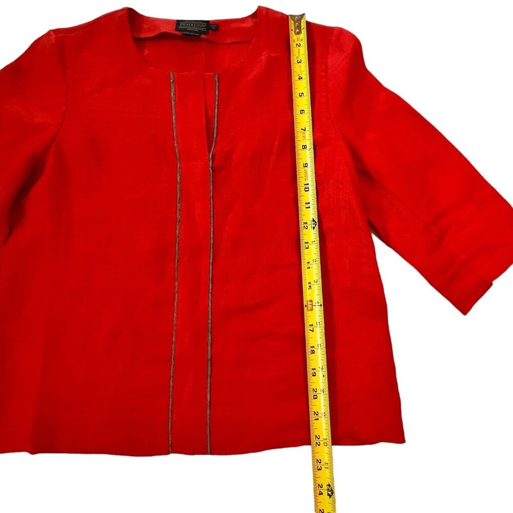 PENDLETON Blouse Womens Petite 8 Red Linen Pullover V Neck Gray Trim 3/4 Sleeve - Picture 9 of 13